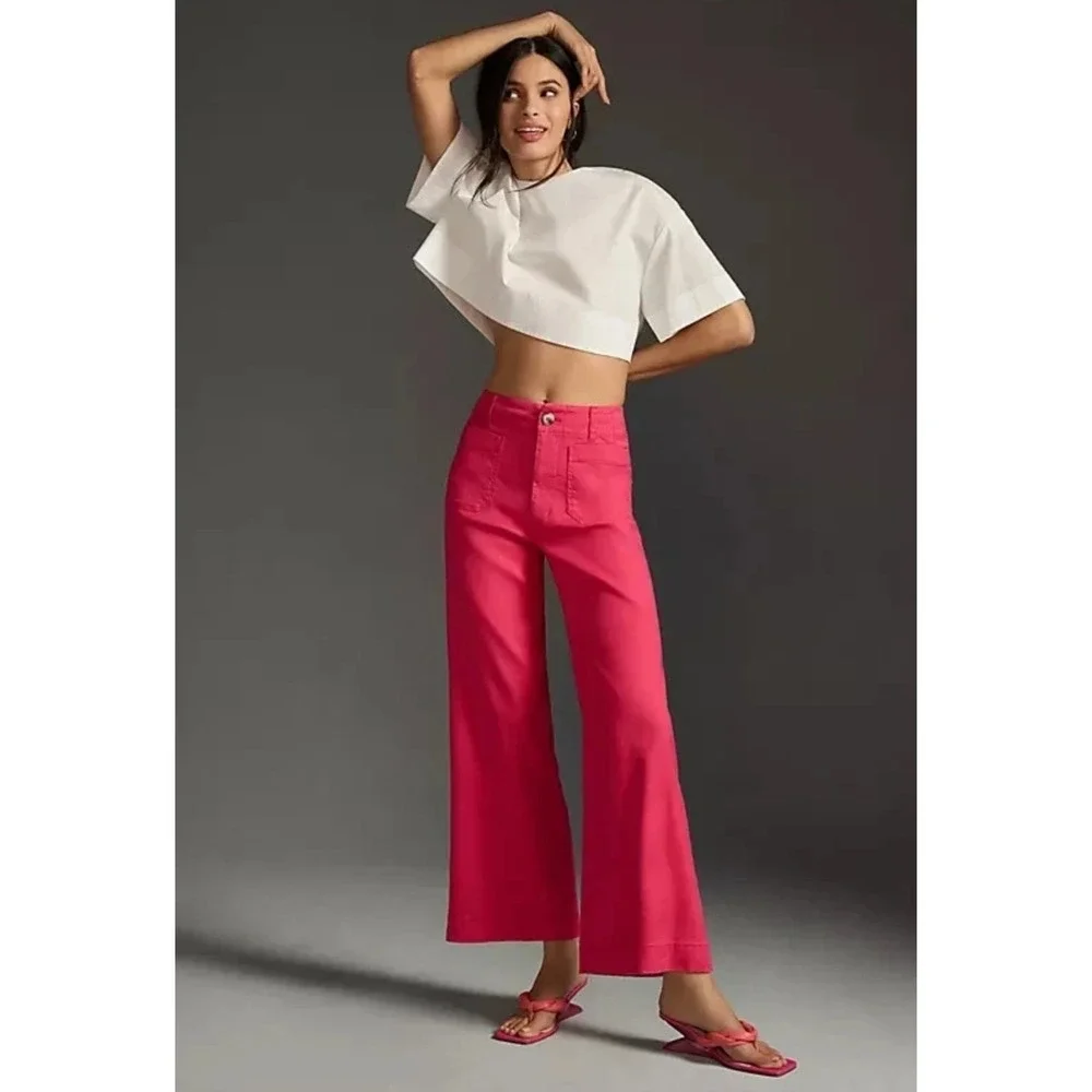 Anthropologie Maeve The Colette Cropped Linen‎ Wide-Leg Pants Pink Sz 25 NWT